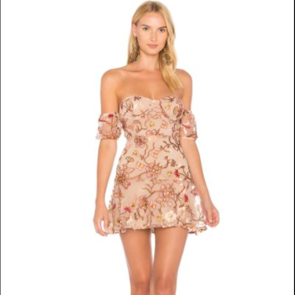 For Love & Lemons Strapless Floral Mini Dress in Blush Pink